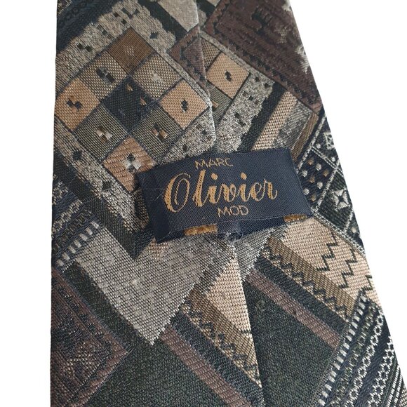 Marc Olivier Mod Geometric Patchwork Men Necktie Vintage Designer Jacquard Tan - Picture 4 of 5
